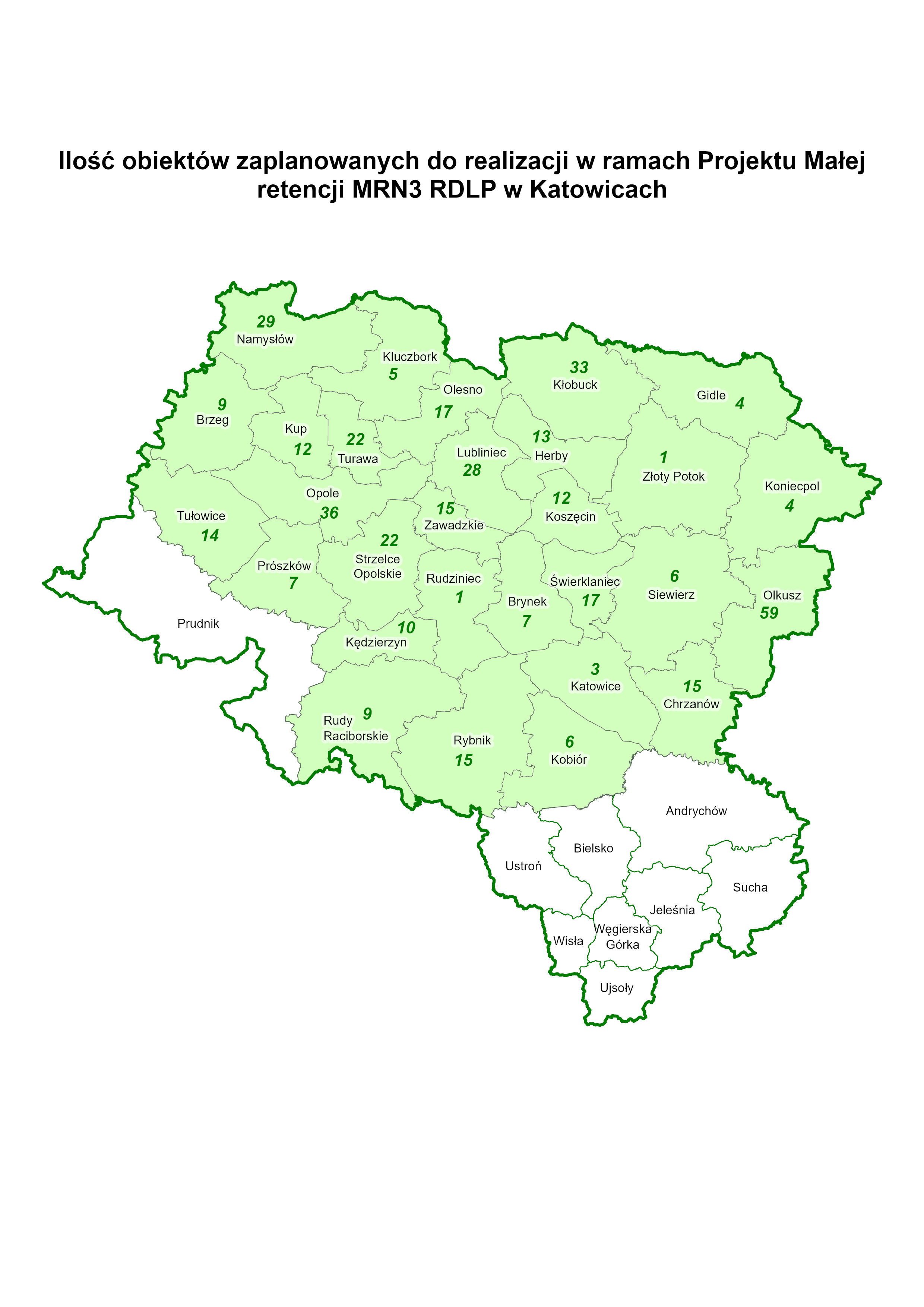 Ryc. 1 Ilość obiektów zaplanowanych do realizacji w ramach projektu MRN3 przez jednostki RDLP w Katowicach